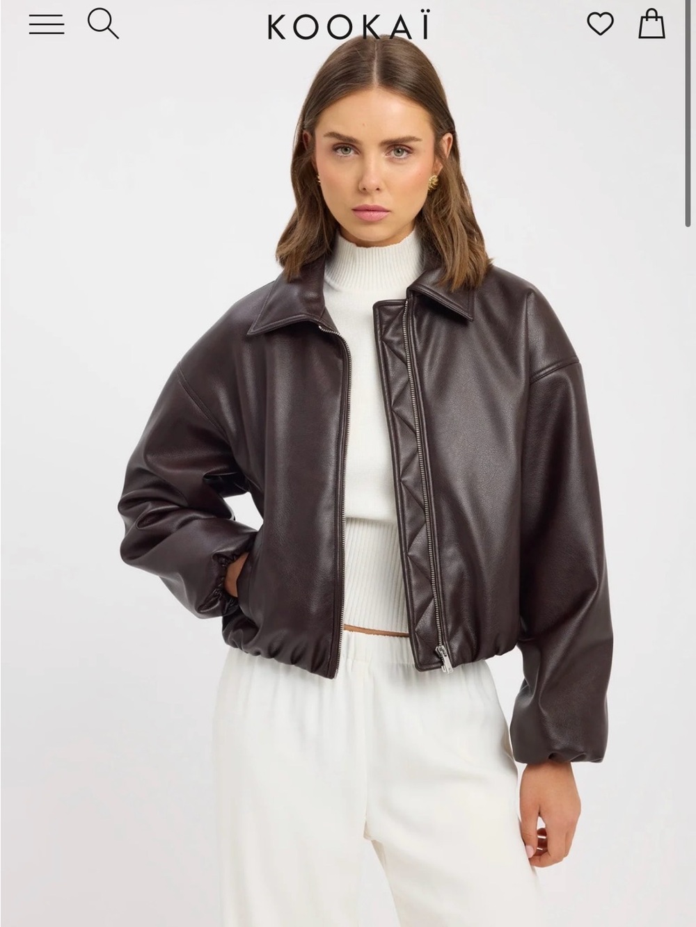 Kookai Dark Brown Leather Bomber Jacket